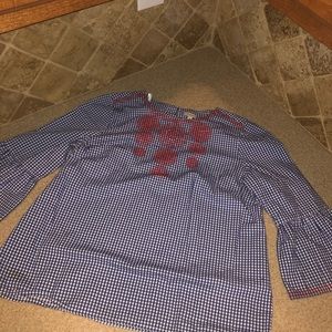 Cremieux Gingham 3/4 Sleeve Embroidered Ruffle Top L